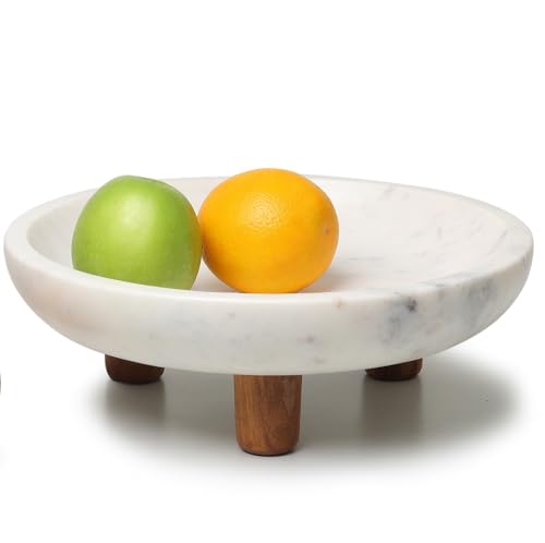Marble Fruit bowl with three wood legs | 11.8 inch dia footed bowl for kitchen counter | Use as centerpiece for dining table, key bowl for entryway table, or potpurri/decorations (Large)