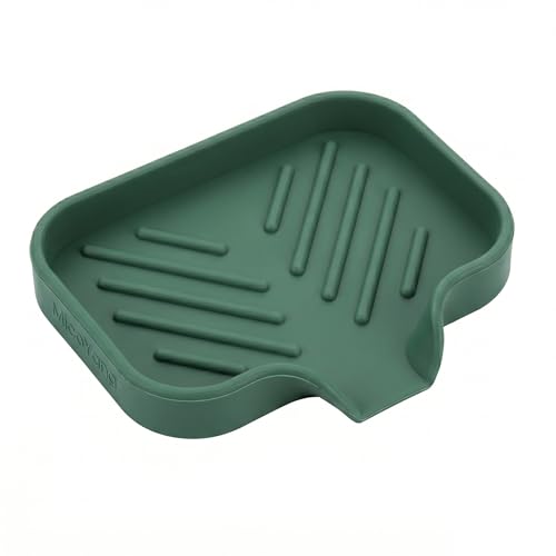 MicoYang Silicone Soap Dish with Drain Spout, Self-Draining Sink Organizer Tray for Bathroom and Kitchen, Sponges, Dispensers and Soap Holder, Non-Slip and Dishwasher Safe, Green (Compact, 4.9"×3.2") - color: Green, size: S(4.9"×3.2")