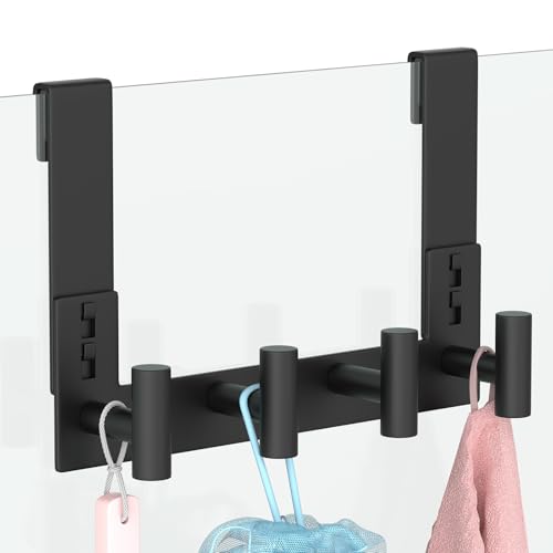 PMMASTO Black Extra-Long Shower Door Hanger, 4 T-Hooks, Fits 3/8-Inch Glass | Extra-long heavy-duty stainless steel, 4 T-shaped hooks, for bathrobes and towels on frameless glass shower doors - color: Black, size: 7.5 Inch-4 T-Hooks, Fits 3/8" Thick Door
