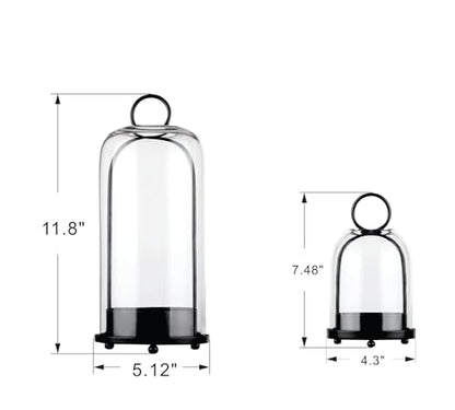 5" & 4" Wide Versatile Metal Candle Holder in Black with Handmade Thick, Heavy & Sturdy Glass Dome for Pillar Candle, Industrial, Modern, Shelf, Mantel, Veranda, Porch (Black, Large & Small) - color: Black