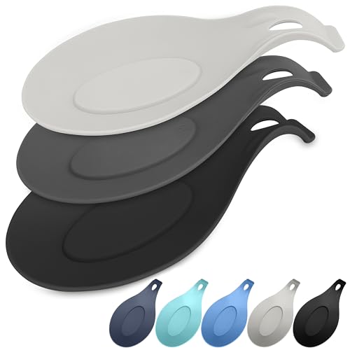Silicone Spoon Rest for Kitchen Counter, Set of 3, XL 9.2”, DISHWASHER SAFE | NON-STICK Surface for Quick Cleanup, Non-Slip, Safe for Glass and Induction Cooktops, Raised Edges Catch Drips, 3 Colors - color: Cool Gray,Cream Gray,Black