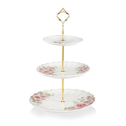 Sweejar 3 Tier Ceramic Cake Stand Wedding, Dessert Cupcake Stand for Tea Party Serving Platter (Rose Flower) - color: Rose Flower