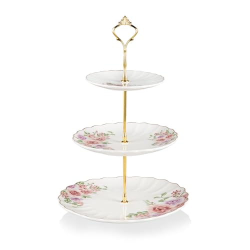 Sweejar 3 Tier Ceramic Cake Stand Wedding, Dessert Cupcake Stand for Tea Party Serving Platter (Rose Flower) - color: Rose Flower