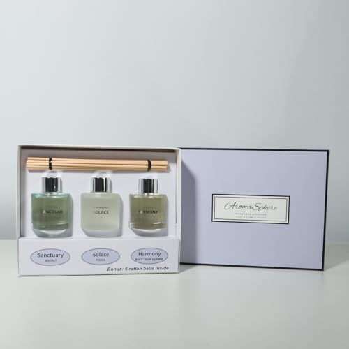 Reed Diffuser Set of 3 | Aromatherapy Fragrance Oil | 12 Sticks and 6 Rattan Balls, 3 x 50ML | Home, Office, Bathroom, Bedroom Essentials (Sea Salt, Freesia, Black Cedar & Juniper, Purple Edition)