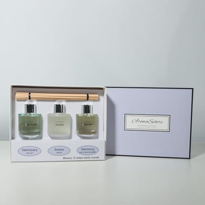Reed Diffuser Set of 3 | Aromatherapy Fragrance Oil | 12 Sticks and 6 Rattan Balls, 3 x 50ML | Home, Office, Bathroom, Bedroom Essentials (Sea Salt, Freesia, Black Cedar & Juniper, Purple Edition)