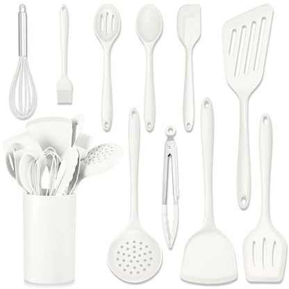 HaWare 11 PCS Silicone Cooking Utensils Set, Heat Resistant Kitchen Utensils with Holder, Food-grade Spatula Sets for Nonstick Cookware, Kitchen Tools Gadgets Include Fish Turner, Spoon (White) - color: White