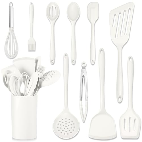 HaWare 11 PCS Silicone Cooking Utensils Set, Heat Resistant Kitchen Utensils with Holder, Food-grade Spatula Sets for Nonstick Cookware, Kitchen Tools Gadgets Include Fish Turner, Spoon (White) - color: White