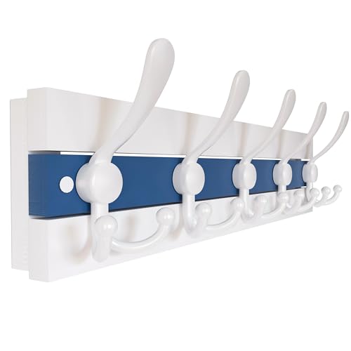 SKOLOO Coastal Wall Mounted Coat Rack - 16-7/8" Beach House Entryway Wooden Coat Hook with 5 Hooks for Hanging Coats, Hats or Towels, Oceanfront Cottage Core Collection, White & Blue - color: Blue & White Plates & White Hook, size: 1 Item-5 Hooks