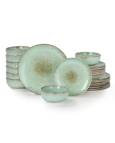 Sweejar 24 Piece Dinnerware Sets for 8, Porcelain Plates and Bowls Set for Kitchen, Housewaring Gift, Chip and Scratch Resistant, Easy Cleaning Dishes Set, Stack Compactly Dishware, Green - color: Green, style: Service for 8 (24 Pcs)