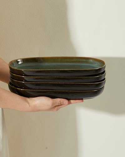 12" Deep Serving Platters, Stoneware Party Tray Set for Entertaining, Microwave Safe Large Platter for Fruit/Cheese/Cookie/Sushi/Appetizer, Ceramic Serving Trays Plates of 4, Aurora Green - size: Deep