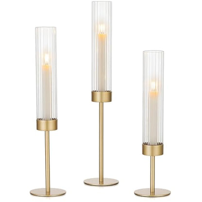 Garvee Gold Hurricane Candle Holders Set of 3, Taper Candlestick Holders with Ribbed Glass Cylinder Sleeves, Elegant Table Centerpiece for Wedding, Birthday, Christmas, Home Decor - size: 3