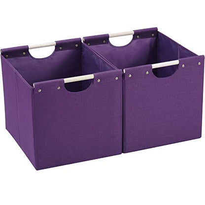 HOONEX Large Collapsible Storage Bins, Linen Fabric, Pack of 2, Storage Baskets with Wooden Carry Handles and Sturdy Heavy Cardboard, for Home, Office, Car, Nursery, Dark Purple - color: Dark Purple