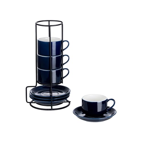 YOLIFE 2.5oz Espresso Cups Set of 4, Porcelain Stackable Espresso Cups with Saucers and Metal Stand, Expresso Shots Cup-Blue - color: Blue, size: 2.5oz