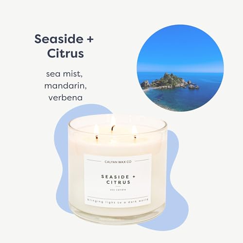 Seaside & Citrus 3 Wick Scented Candle - 43 Hour Burn | Made in the USA Luxury Clean Soy Wax Candles - Long Lasting Large Glass Jar Candle for Home - 3 Wicks - 14.9oz - color: Seaside + Citrus