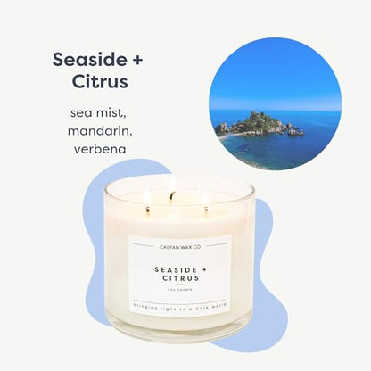 Seaside & Citrus 3 Wick Scented Candle - 43 Hour Burn | Made in the USA Luxury Clean Soy Wax Candles - Long Lasting Large Glass Jar Candle for Home - 3 Wicks - 14.9oz - color: Seaside + Citrus