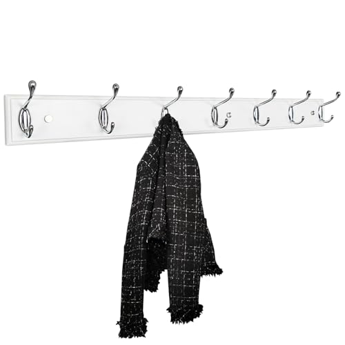Wood Wall Mounted Coat Rack 32 inch (80cm) with 7 Silver Hooks, Lang Wooden White Wall Coat Hook Rack for Entrance, Hallway, Bedroom, White Wall Clothes Hanger - size: Long-31.5in(80cm),7 Silver Hooks, style: Modern
