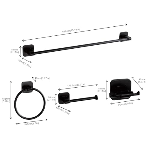 Matte Black Bathroom Accessories Set, 4 Pieces Bathroom Hardware Set, 24 inch Towel Bar, Towel Racks, Robe Towel Hooks, Toilet Paper Holder Wall Mounted Or Self-Adhesive,Stainless Steel and Plastic - color: Matte Black