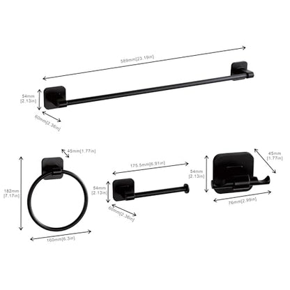 Matte Black Bathroom Accessories Set, 4 Pieces Bathroom Hardware Set, 24 inch Towel Bar, Towel Racks, Robe Towel Hooks, Toilet Paper Holder Wall Mounted Or Self-Adhesive,Stainless Steel and Plastic - color: Matte Black