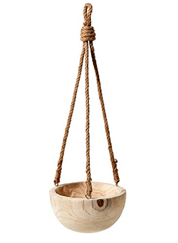 Serene Spaces Living Paulownia Hanging Wood Bowl with Jute Rope, Hanging Faux Succulent and Artificial Plants, Ideal for Home, Garden, Office Decor, Measures 4.5" Tall and 9.25" Diameter - color: 9.25" Hanging Wood Bowl
