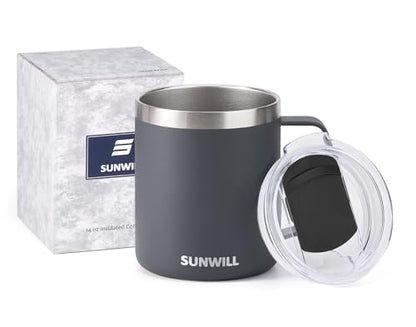 SUNWILL Travel Coffee Mug with Lid, Insulated Tumbler with Handle, 14 oz Stainless Steel Cup for Home, Office, Camping, Powder Coated Charcoal - color: Powder Coated Charcoal