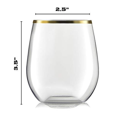 32 Pack Stemless Plastic Wine Glasses Disposable 12 Oz Gold Rim - Shatterproof Recyclable and BPA-Free, Stylish Drinkware for all Beverages, Cocktail Parties, Wedding Reception - color: Clear / with Gold Rim
