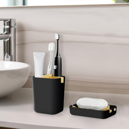 Toothbrush Holders and Soap Holder Set, Bathroom Accessories Countertop | 4 Slots Brush Holder, Plastic Soap Dish Tray, Bathroom Countertop Storage - color: Black