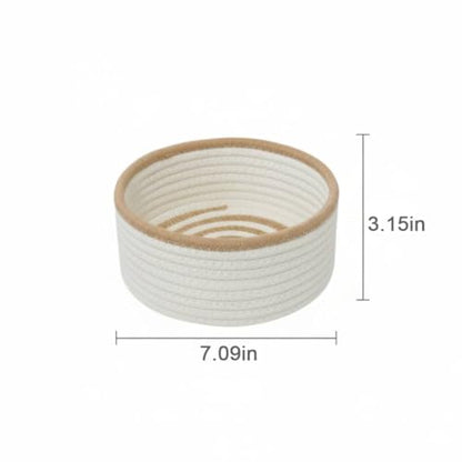 Set of 3 Small Woven Baskets, Mini Round Storage Baskets for Organizing, Decorative Boho Rope Baskets for Bathroom, Nursery, Desk, Tiny Bin for Makeup, Jewelry, Small Items, White & Jute