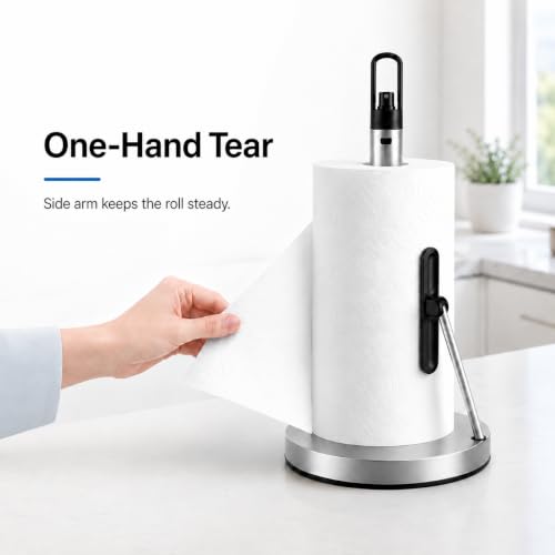 Paper Towel Holder with Spray Pump, All-in-One Countertop Paper Towel Stand with Refillable Bottle, One-Handed Tear Kitchen Roll Holder, Weighted Base, Brushed Stainless Steel(Nickel) - color: Nickel