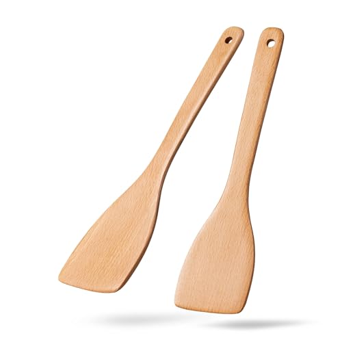 Wooden Spatulas for Cooking, 2 Pack, 13 Inch, Beech Wood | Thin flat edges help flip, stir and scrape; long handles provide comfortable reach and stay gentle on nonstick cookware. - color: Beech Yellowish, size: Thin 13" Flat Edge