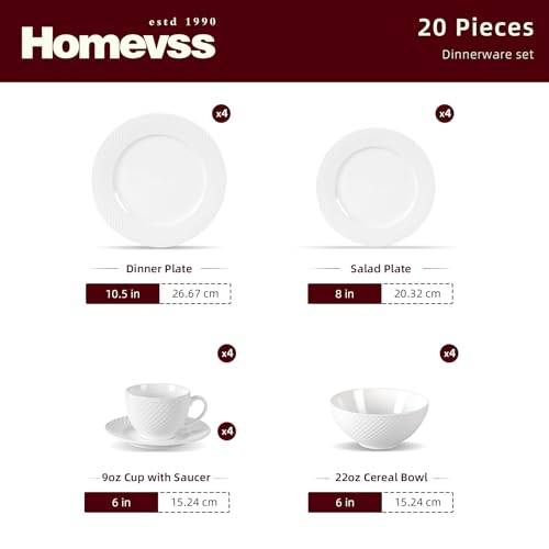 HomeVss, New Bone China Dinnerware Set, Embossed Diamond Design, 20pc Set - color: Diamond, size: Service for 4 - 20pc Set