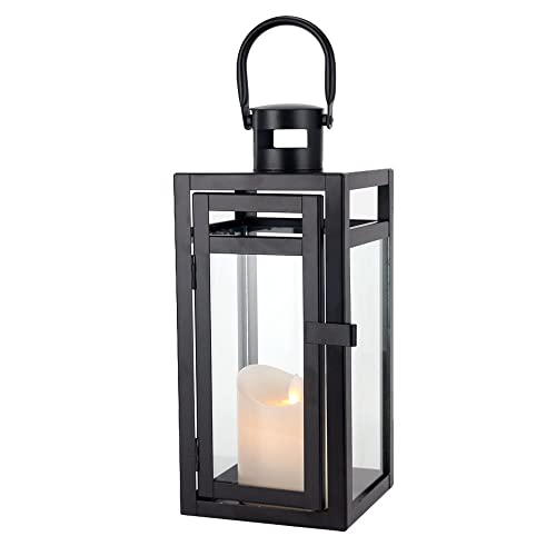 TRIROCKS Metal Candle Lantern 12'' High Decorative Outdoor Lantern Hanging Lantern with Tempered Glass for Christmas Home Decor Living Room Parties Events Tabletop Indoors Outdoors (Black Matte) - color: Black