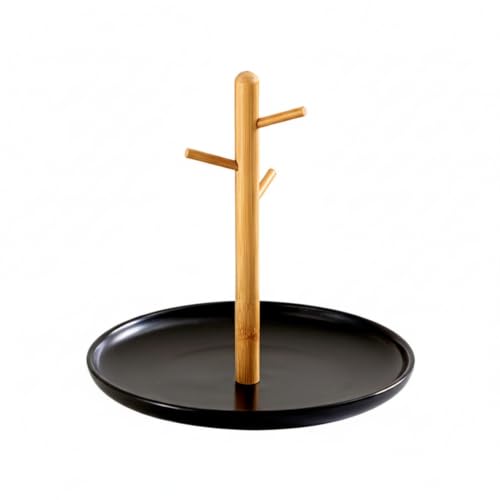 Ceramic Key Holder Tray with Hooks for Entryway, Desk, or Dresser Organization - Compact Catchall for Keys, Coins, and Jewelry - color: Black