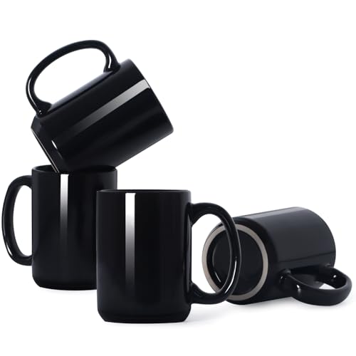 15 OZ Coffee Mugs, Classic Blank Ceramic Cup with Large Handle for Tea Latte Cappuccino, Set of 4, Black - color: Black