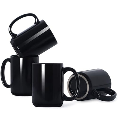 15 OZ Coffee Mugs, Classic Blank Ceramic Cup with Large Handle for Tea Latte Cappuccino, Set of 4, Black - color: Black