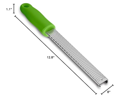 8-Inch Lemon Zester & Cheese Grater, 18/8 Stainless Steel, Green | Fine 18/8 Stainless Steel Blade for Citrus, Parmesan, Ginger and Garlic, Soft Non-slip Handle, Cover, Dishwasher Safe - color: Green