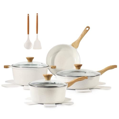 SENSARTE Nonstick Ceramic Cookware Set, 13-pcs Non-toxic Pots and Pans Set | Healthy Kitchen Cooking Set with Stay-Cool Handles, Silicone Tools and Pot Protectors, PFAS Free - color: White