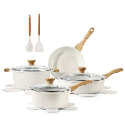 SENSARTE Nonstick Ceramic Cookware Set, 13-pcs Non-toxic Pots and Pans Set | Healthy Kitchen Cooking Set with Stay-Cool Handles, Silicone Tools and Pot Protectors, PFAS Free - color: White