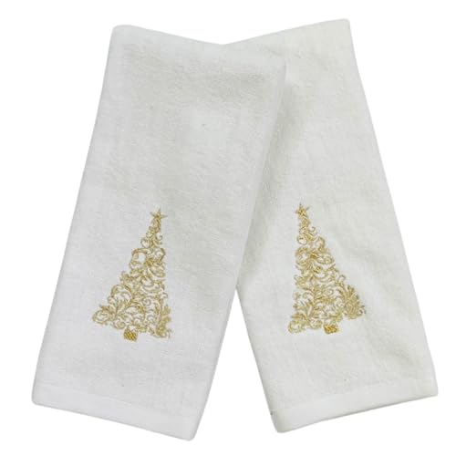 Decorative Christmas Theme Towel Set: Luxury Bathroom Plush Velour Cotton Hand Towels of Gold Embroidered Tree, Set of 2 - color: Gold Tree
