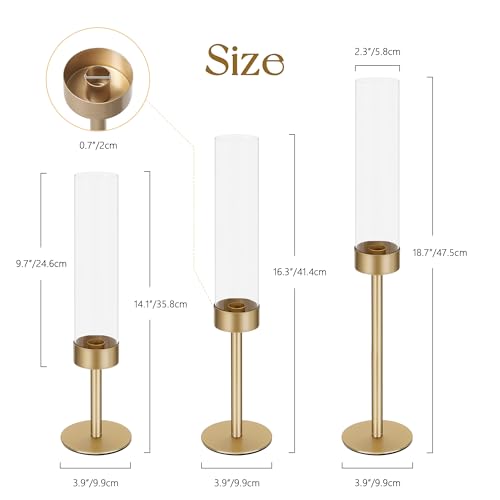 Ronasip Hurricane Candle Holders Set of 3, Matte Gold Metal Taper Candlestick Holders with Clear Glass Chimney Cylinder Tubes, Tall Candle Stands for Wedding, Christmas, Dining Table Centerpiece Decor