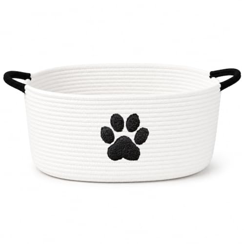 Dog Toy Basket with Handles, Cotton Rope Storage Bin Organizer for Pets | Holds toys, blankets, leashes & dog stuff. Machine washable, collapsible, free-standing woven bin with embroidered paw. - color: White/Black