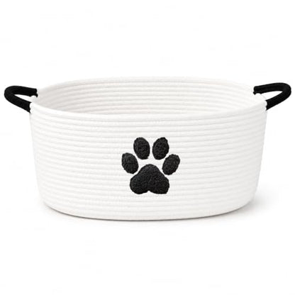 Dog Toy Basket with Handles, Cotton Rope Storage Bin Organizer for Pets | Holds toys, blankets, leashes & dog stuff. Machine washable, collapsible, free-standing woven bin with embroidered paw. - color: White/Black