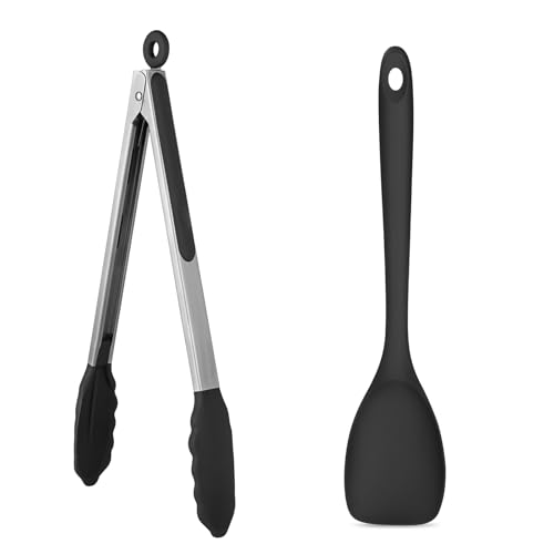 U-Taste 600ºF High Heat 12in Silicone Kitchen Tong and 600ºF Heat Resistat Spatula Spoon Flexible Silicone Cooking Scoop Spoonula (Black)