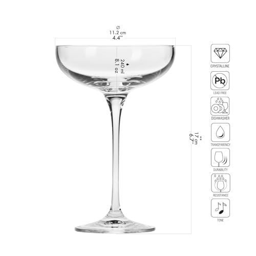 KROSNO Champagne Glasses Set of 6, 8.1 oz, Harmony Collection | Coupes Champagne Crystal Set, Drinking Glasses for Prosecco, Mocktails, Mimosa, Lead-Free Glassware, Dishwasher Safe - style: Classic