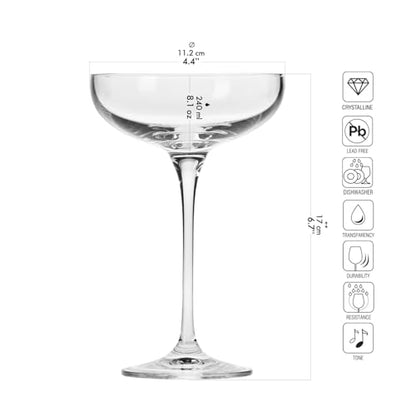 KROSNO Champagne Glasses Set of 6, 8.1 oz, Harmony Collection | Coupes Champagne Crystal Set, Drinking Glasses for Prosecco, Mocktails, Mimosa, Lead-Free Glassware, Dishwasher Safe - style: Classic