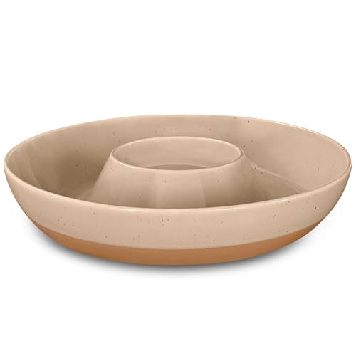 Mora Ceramic Chips and Dip Serving Tray: Large Divided Party Bowl Set for Chips & Salsa, Veggies & Dip, Fruit, Snacks, Entertaining, Hosting, etc. Minimalist Design for the Modern Hostess - Chai - color: Chai