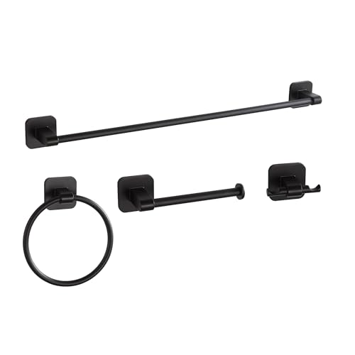 Matte Black Bathroom Accessories Set, 4 Pieces Bathroom Hardware Set, 24 inch Towel Bar, Towel Racks, Robe Towel Hooks, Toilet Paper Holder Wall Mounted Or Self-Adhesive,Stainless Steel and Plastic - color: Matte Black