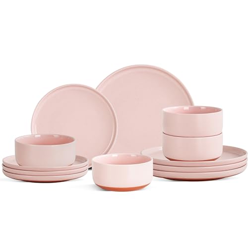 12 Piece Ceramic Plates and Bowls Sets for 4, Elegant Pink | Stoneware Dinnerware Set, Dishwasher & Microwave Safe, Handcrafted, Perfect for Family and Gatherings - color: Pink, size: Service for 4(12PCS)