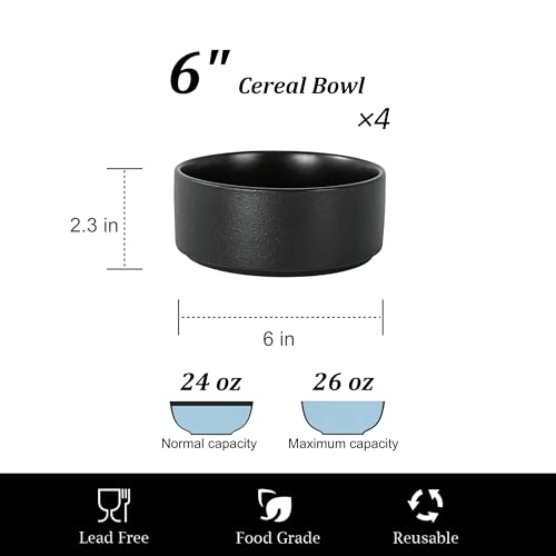 26 OZ Ceramic Cereal Bowls Set, 6 Inch, Set of 4, Modern Black | Dishwasher & Microwave Safe, Handcrafted, For Breakfast, Soups, Oatmeal, Ramen, Pho, Udon, Soba - color: Black, size: Cereal Bowls Set (4PCS)