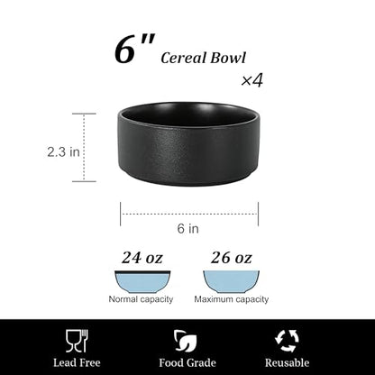 26 OZ Ceramic Cereal Bowls Set, 6 Inch, Set of 4, Modern Black | Dishwasher & Microwave Safe, Handcrafted, For Breakfast, Soups, Oatmeal, Ramen, Pho, Udon, Soba - color: Black, size: Cereal Bowls Set (4PCS)