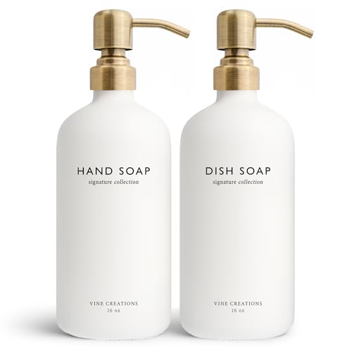 Vine Creations White Glass Soap Dispenser Set, Dish Soap and Hand Soap Dispenser Set with Stainless Steel Pump, 16 oz Glass Dispensers for Kitchen or Bathroom Decor (Matte White Bottle/Brushed Brass) - color: White Bottle / Brushed Brass Pump